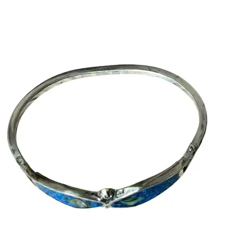 Alpaca Mexico Turquoise Composite Silver Hinged Bracelet & Dangle Earrings VTG Silver