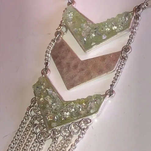 Boho Silver Tone & Light Green Fringe Pendant Necklace