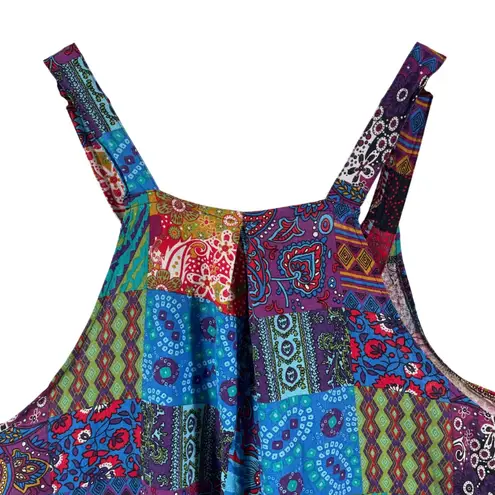 Boho Patchwork Jumpsuit Women's XXL Multicolor Wide Leg Festival Overalls Blue
