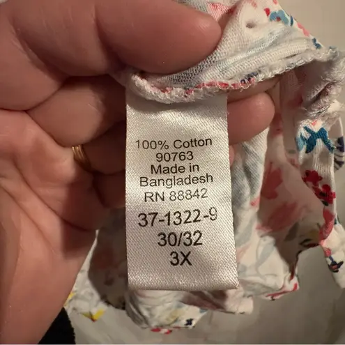 Woman Within Blouse Top 30/32 3X Floral Print V Neck Short Sleeve Cotton White