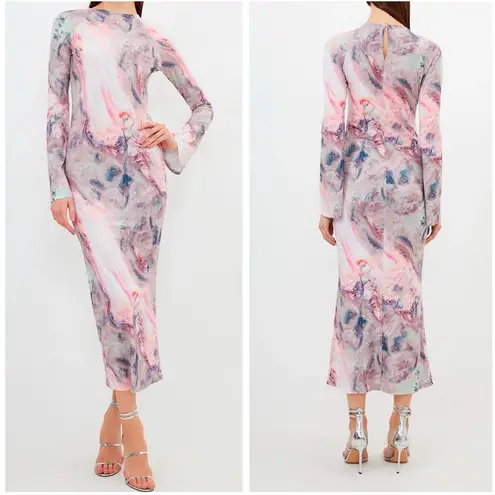 Karen Millen Marble Print Jersey Long Sleeve Maxi Dress in Pink