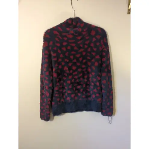 RTR Thakoon Navy Red Printed Fuzzy Mock Neck Pullover Sweater Size M soft Blue Size M