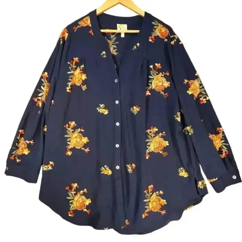 Fig & Flower Women’s Navy Floral Embroidered Long Sleeve Bohemian Blouse 2X Blue