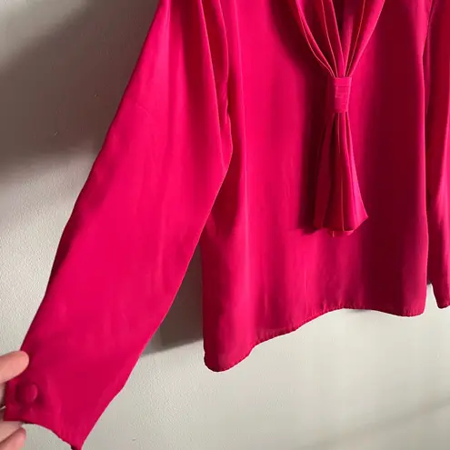 Vintage Alexandria Hot Pink Satin Bow Tie Blouse 14 Long Sleeve Secretary Top