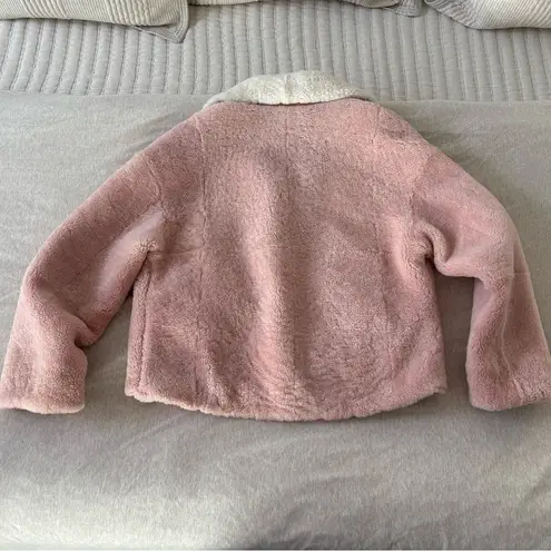 In See Pink and White Teddy Sherpa Jacket with Leather Accents Size 38