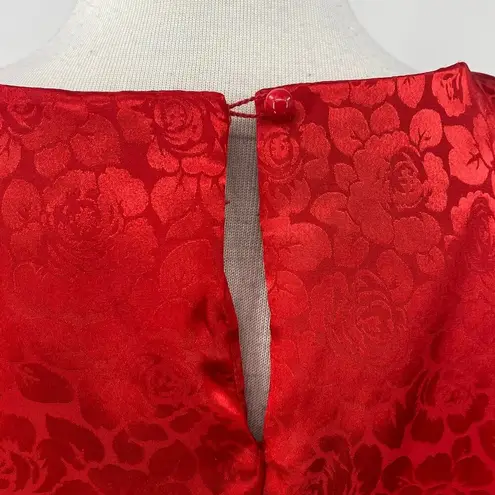 Vintage 80s Brocade Midi Dress Embossed Floral Pattern Blouson Pleated Red 10