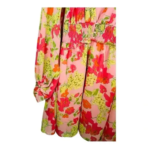 ASOS Curve Floral Soft Shirred Waist Mini Dress Peach Floral Women Plus Size 26 Pink