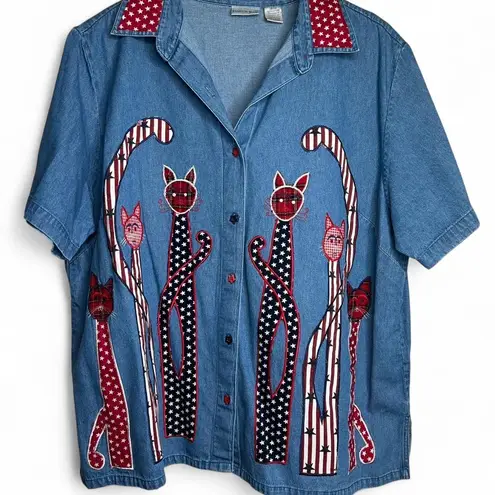 vintage 90s 1990s retro red white Blue denim button