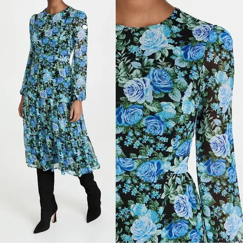 WAYF • Blue Floral Tiered Midi Dress open tie back blouson black rose print