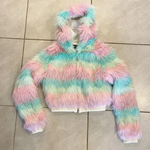 SpiritHoods Doll Party Jacket Women XS Cropped Hooded Faur Fur Festival Glitter Pink