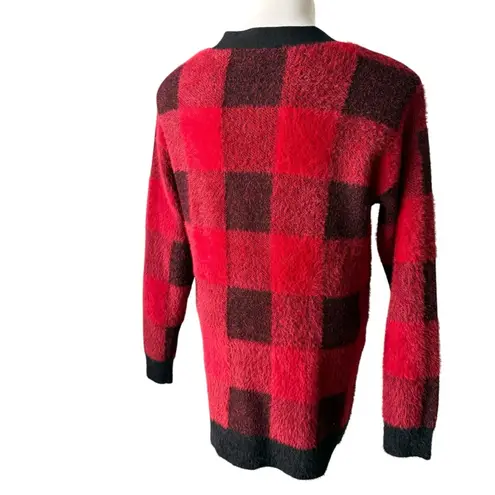 Cyrus Red/ Black Buffalo Plaid Button Down Fuzzy Cardigan Sweater, Sz S - Image 4