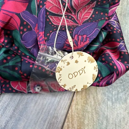 Magenta Dark Floral Flow Satin Dress ODDY Small Long Sleeve Short High Neckline Purple