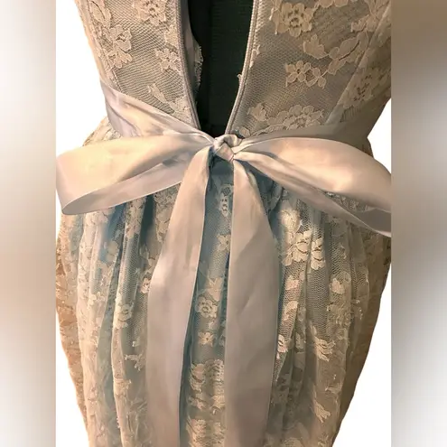 Handmade Vtg 70s White Lace Overlay Blue Satin Sleeveless “Gunne Style” Maxi XS