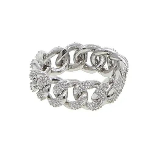 Boutique 8mm Iced White Gold‎ Plated Sterling Cuban Chain Ring, Adjustable