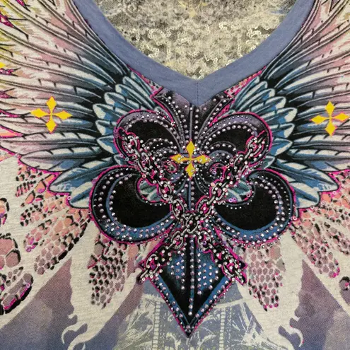 Angels and Diamonds Y2K Blue and Yellow Winged Heart sequin graphic baby Tee