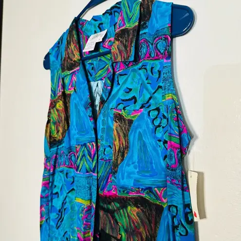 Dahan Blue Purple Funky Design Sleeveless Collared Button Up Tank Top Size M Size M