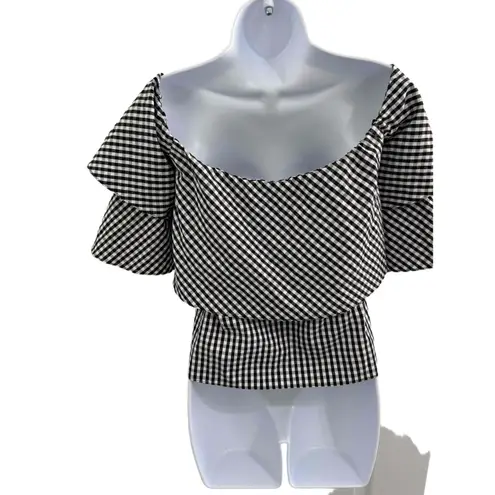 WAYF Gingham Pattern Ruffle Sleeves Off the shoulder Blouse Small preppy