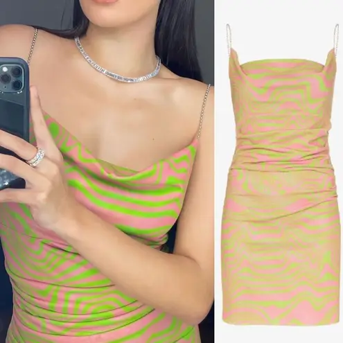 NEW Maisie Wilen Mesh Slip Mini Dress Chain Strap Pink Green Psychedelic Print