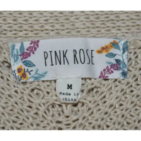 Pink Rose Oatmeal Tan Crochet Open Front Cardigan Sweater Size M Pockets Office - Image 10
