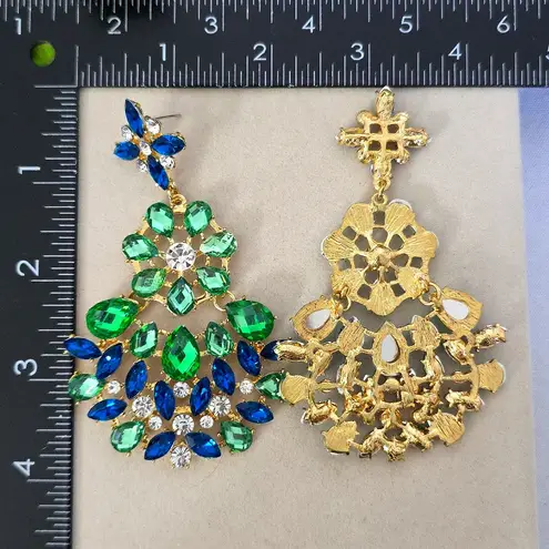 Boutique Large Statement Earrings Gold and Teal Blue with Green Chandalier