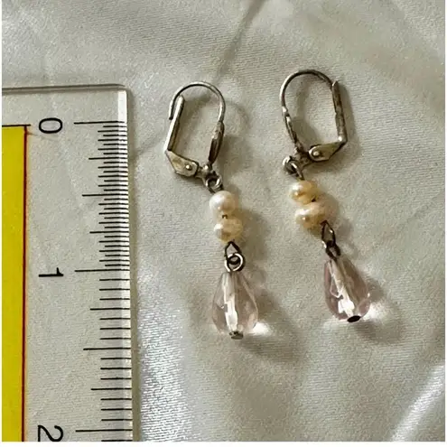 Silver tone fresh water pearl pink beaded drop earrings