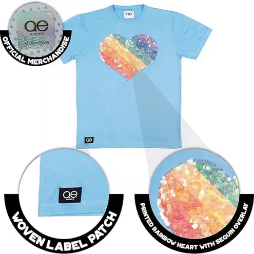 Queer Eye Vibrant Blue Short Sleeve Tee with Rainbow Sequin Heart, Size S