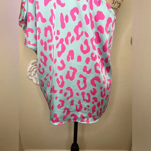 Entro NTM: One Shoulder Minty Blue with Pink Leopard Print Blouse Sz Small