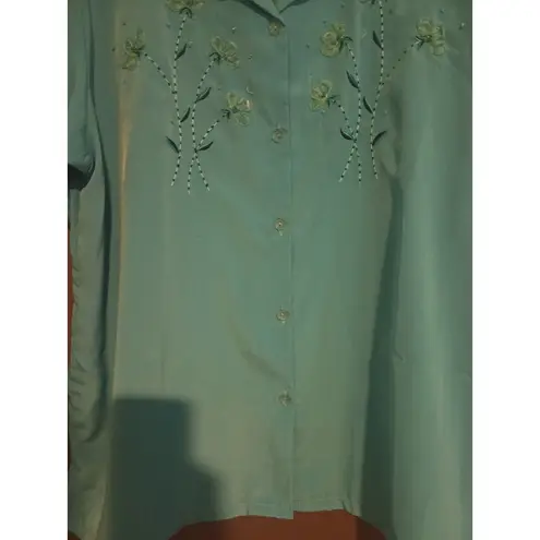 Keneth Too! Women's Blue Green Embroidered Beaded Top Blouse Jacket, Size Large