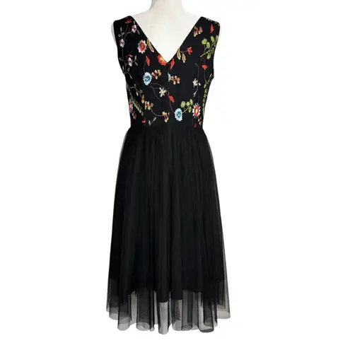 Vissavi Vintage Y2K 8 Tulle Illusion Mesh Dress Embroidered Floral Semi Formal Black