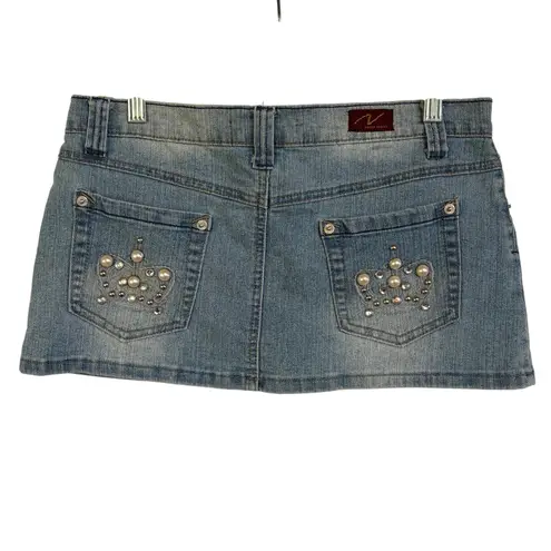Y2K Denim Micro Mini Skirt Bedazzled 2000s McBling Indie Sleeze Sexy Size 9 Blue Size M