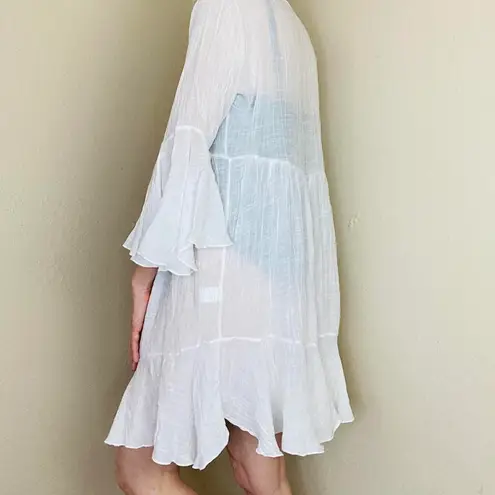 Coco + Carmen White Flare Sleeve Sheer Swim Cover Mini Dress