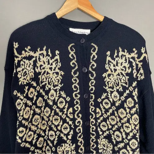 Vintage Cardigan Sweater Navy Blue Women Size Large Floral Eclectic Retro 90s