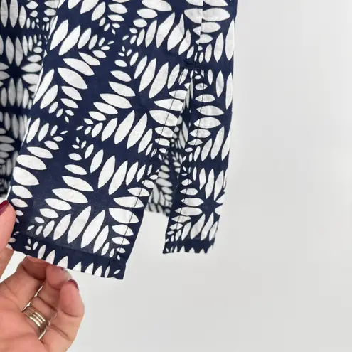 J.Crew Navy White Print V Neck Cotton 3/4 Sleeve Tunic Top Women's Size Medium Blue