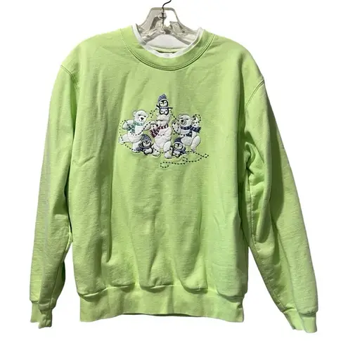 Morning Sun Polar Bear Embroidered Green Christmas Sweatshirt Size Large