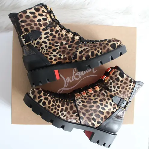 Christian Louboutin  Macademia Leopard-Print Calf Hair Snake Moto Combat Booties