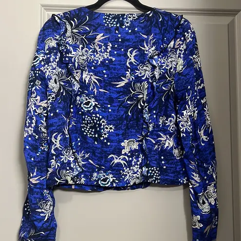 Jaase  Boho Floral Cropped Blue Zipper Jacket EUC