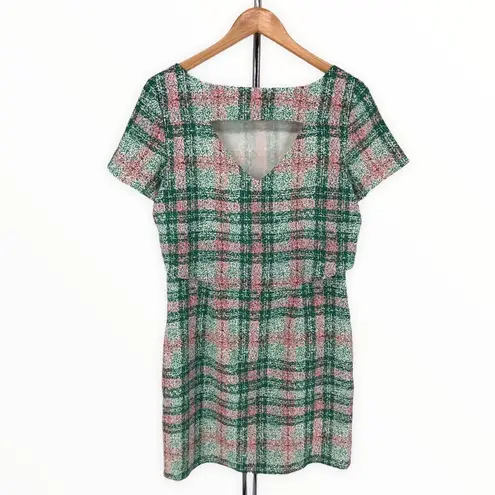 Cooper and Ella Pink Green Plaid Print Back Cutout Short Sleeve Dress size Small