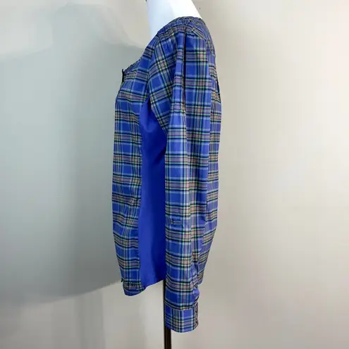 REI Shirt Womens Small Purple Plaid Snap Button Long 3/4 Tab Sleeve Pintuck Top