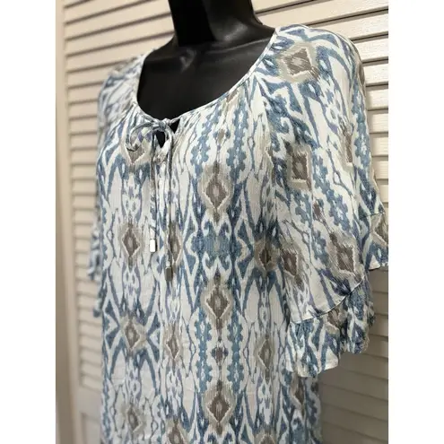 Love Stitch White/Blue Geo Print Butterfly Short Sleeve Tie Neck Blouse Size S Blue