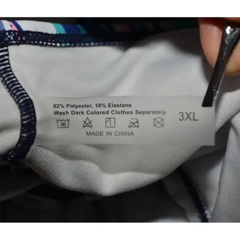 None Women's Blue Pink Striped Tankini Plus Size 3XL Stretch Umpire Waist Open Back