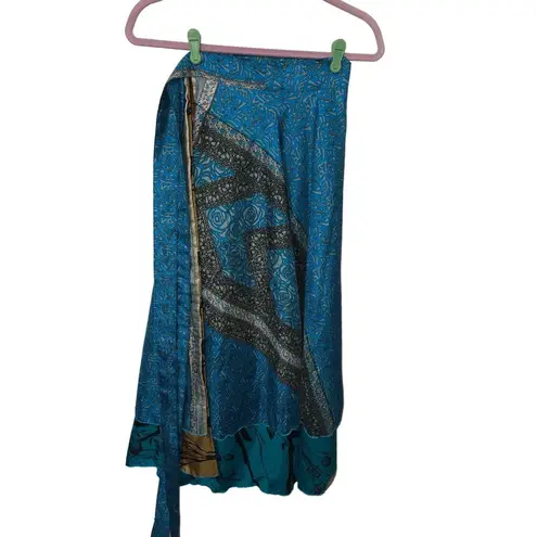 Wevez Blue Gold Double Wrap Skirt Sari L OS Silk Reversible India Midi Maxi Long Size undefined