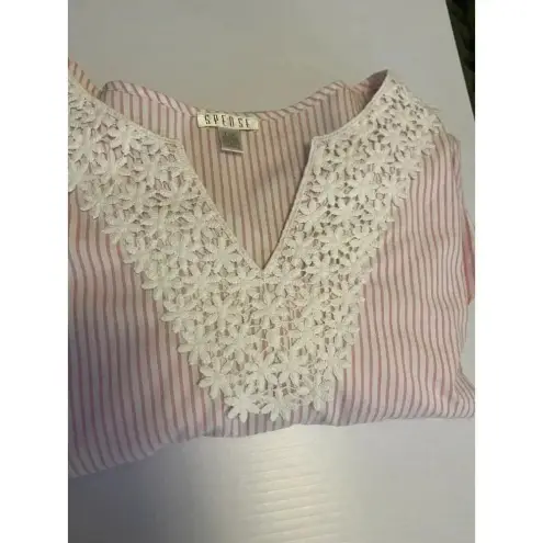 Spence Pink White Striped Top 3/4 Sleeve Floral Lace‎ Embellished Blouse Size L Size L