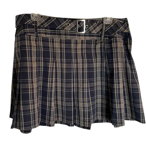 Social Collision Navy Blue Plaid Pleated Skirt With Belt and Side Zipper Size XL