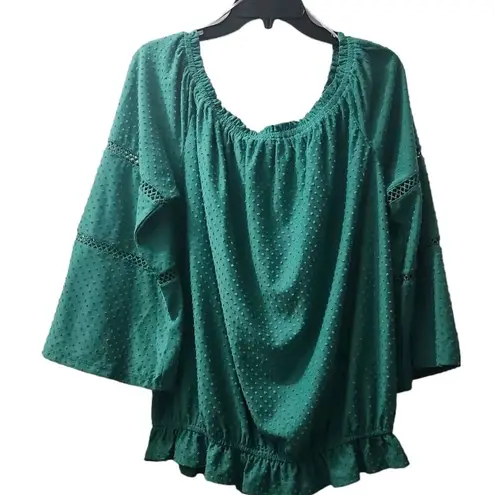 Ny Collection Blouse Top Bell Sleeve Swiss Dot Green XL