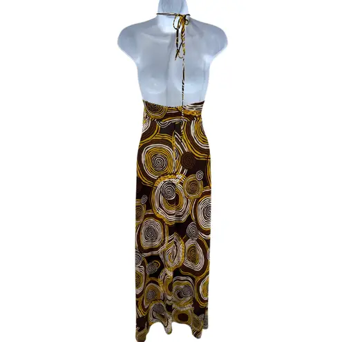 Veronica Cam Brown Yellow Swirl Halter‎ Maxi Dress Womens Size L Size L
