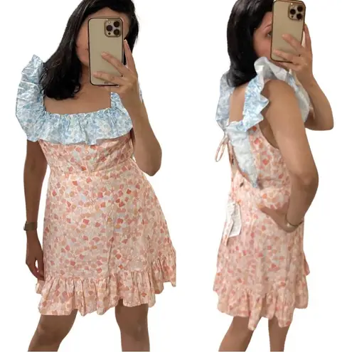 NWT RIXO Kai Abstract Print Ruffle Pastel Pink Blue Square Neck Mini Dress US 6