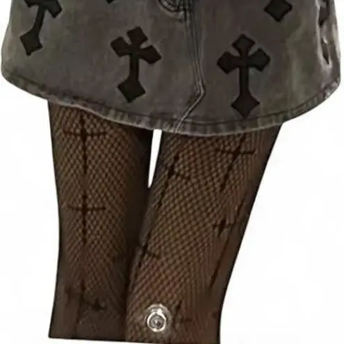 Gothic Retro Punk Lolita Cross Print Club Tights Nylon Socks Fishnet Pantyhose Black