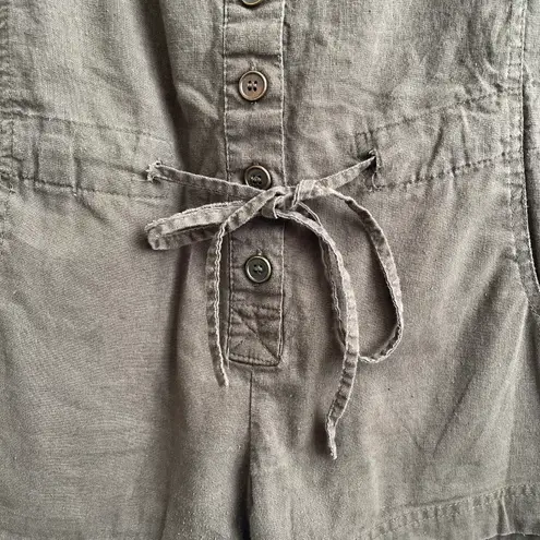 CHESLEY Khaki Olive Green Linen Strapless Button Up Waist Tie Romper Shorts