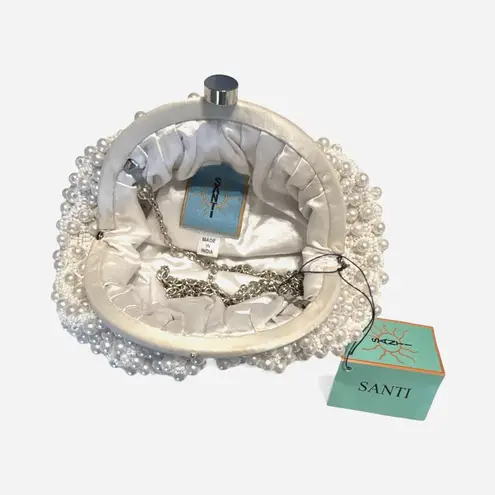 Santi Imitation Pearl Clutch – Satin & Beaded Evening Bag White
