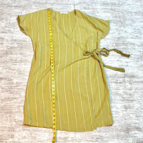 Mododoc Womens Small Stripe Linen Blend Short Sleeve Wrap Dress Summer Resort Yellow